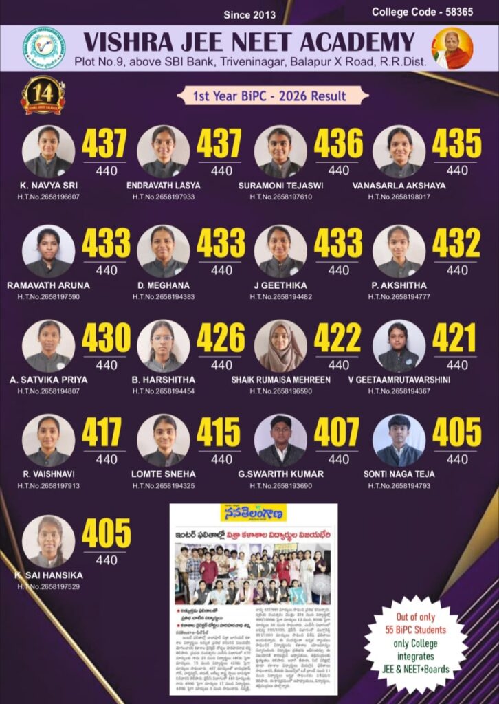 VISHRA JUNIOR KALASALA - 2026 JEE NEET Mains Results